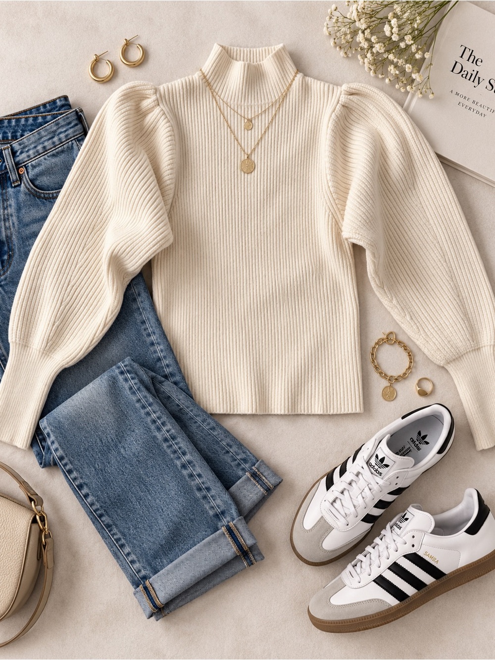 Zara Cream Ribbed Puff-Sleeve Mock Neck Sweater